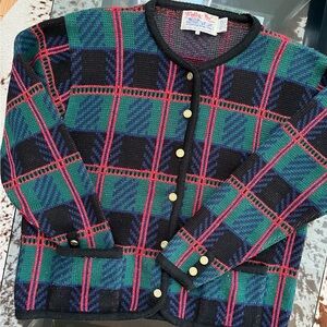 VTG Tally-Ho Pollak Plaid Sweater with Gold Buttons - Sz: L